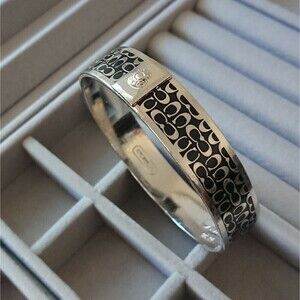 Authentic Coach Silver Tone black C Signature 1/2" Bangle Cuff Bracelet